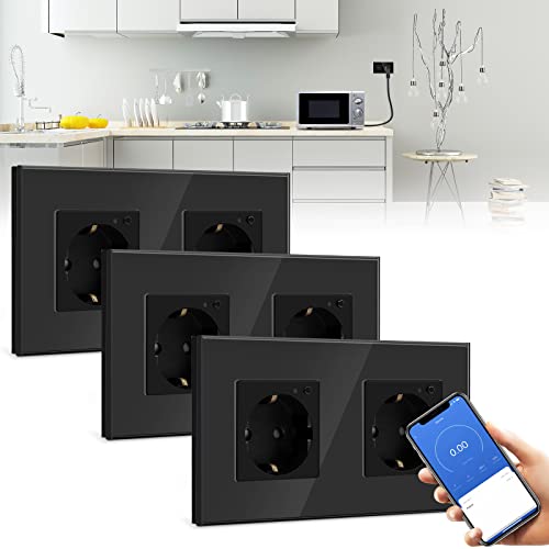 BSEED WLAN Smart Steckdose 16A mit Strommessung,2 Fach Intelligente Steckdose mit Verbrauchsmessung und Energiekosten-Messer 3er Pack,arbeitet mit Alexa,Google Home, Timerfunktion Schwarz von BSEED