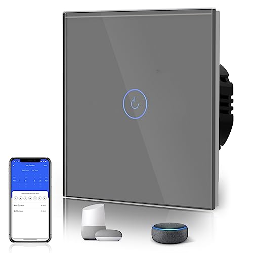 BSEED WLAN Smart Touch Lichtschalter (Neutralleiter Erforderlich), WIfI Schalter aus Glas, Alexa und Google Home Work mit Tuya, 1 Fach 1 Weg Grau von BSEED