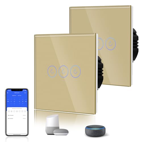BSEED WLAN Smart Touch Lichtschalter (Neutralleiter Erforderlich) Alexa und Google Home Work mit Tuya WIfI Schalter aus Glas 3 Fach 1 Weg Gold, 2 Pack von BSEED