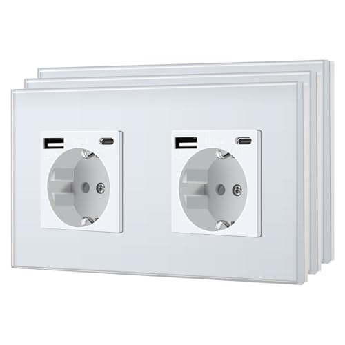 BSEED Wandsteckdose, Standard-Schuko-Steckdose, 2.1A USB C, Glasplatte, Kindersicherung, einfache Installation, 2 USB C-Stecker, 3 Packungen, 157 mm, Weiß BSEED Wandsteckdose, Standard-Schuko-Steckdose, 2.1A USB C, Glasplatte, Kindersicherung, einfache Installation, 2 USB C-Stecker, 3 Packungen, 157 mm, Weiß von BSEED