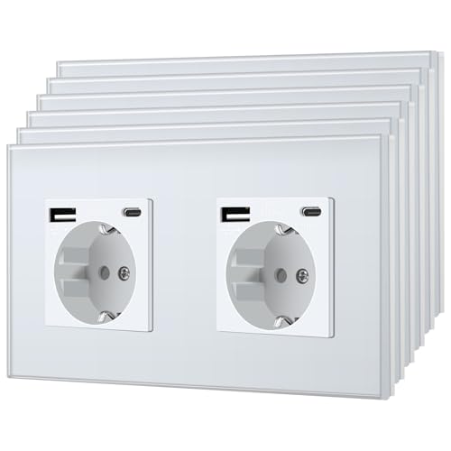 BSEED Wandsteckdose, Standard-Schuko-Steckdose mit 2.1A USB C, Glasplatte, Kindersicherung, einfache Installation, 2 USB C-Stecker, 6 Packungen, 157 mm, Weiß von BSEED