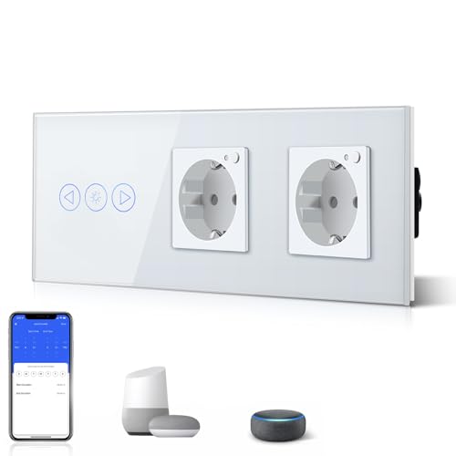 BSEED WiFi Smart Alexa Dimmer Lichtschalter mit Doppelt Steckdose, Kompatibel mit Google Home Tuya, Glas Touchscreen-schalter Wlan Lichtschalter (Neutrale Leitung Benötigt) 1 Fach mit Steckdose Weiß von BSEED