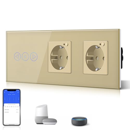 BSEED WiFi Smart Alexa Dimmer Lichtschalter mit Doppelt Steckdose, Kompatibel mit Google Home Tuya, Glas Touchscreen-schalter Wlan Lichtschalter (Neutrale Leitung Benötigt) 1 Fach mit Steckdose Gold von BSEED