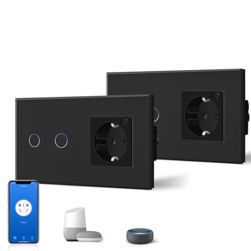 BSEED WiFi Smart Alexa Lichtschalter mit Steckdose, Kompatibel mit Google Home Tuya, Glas Touchscreen-schalter Wlan Lichtschalter 2 Fach 1 Weg Schwarz (Neutrale Leitung Benötigt) 2er Pack von BSEED
