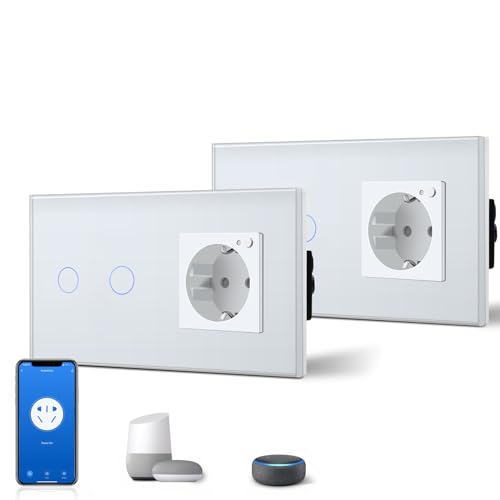 BSEED WiFi Smart Alexa Lichtschalter mit Steckdose, Kompatibel mit Google Home Tuya, Glas Touchscreen-schalter Wlan Lichtschalter 2 Fach 1 Weg Weiß (Neutrale Leitung Benötigt) 2er Pack von BSEED