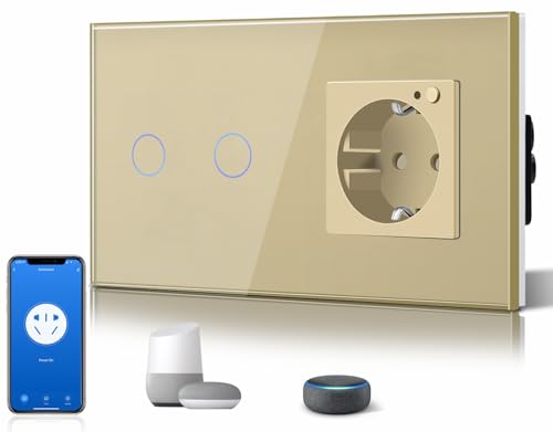 BSEED WiFi Smart Alexa Lichtschalter mit Steckdose, Kompatibel mit Google Home Tuya, Glas Touchscreen-schalter Wlan Lichtschalter 2 Gang 1 Weg Gold (Neutrale Leitung Benötigt) von BSEED