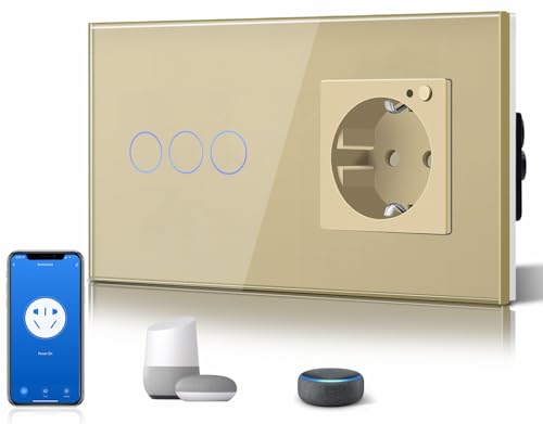 BSEED WiFi Smart Alexa Lichtschalter mit Steckdose, Kompatibel mit Google Home Tuya, Glas Touchscreen-schalter Wlan Lichtschalter 3 Gang 1 Weg Gold (Neutrale Leitung Benötigt) von BSEED