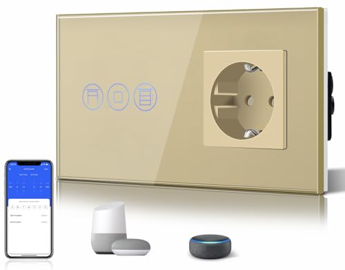 BSEED WiFi Smart Alexa Rollen Schalter mit Normal Steckdose, Kompatibel mit Google Home Tuya, Glas Touchscreen-schalter Wlan Jalousien Schalter (Neutrale Leitung Benötigt) Gold von BSEED