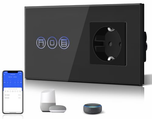 BSEED WiFi Smart Alexa Rollen Schalter mit Normal Steckdose, Kompatibel mit Google Home Tuya, Glas Touchscreen-schalter Wlan Jalousien Schalter (Neutrale Leitung Benötigt) Schwarz von BSEED