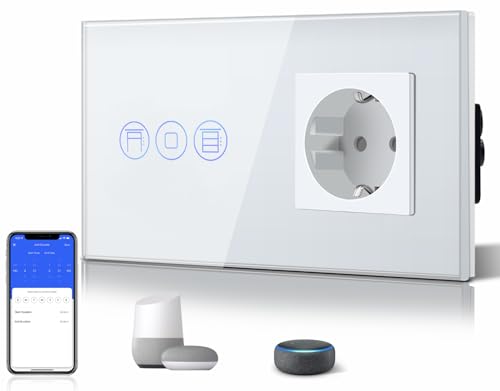BSEED WiFi Smart Alexa Rollen Schalter mit Normal Steckdose, Kompatibel mit Google Home Tuya, Glas Touchscreen-schalter Wlan Jalousien Schalter (Neutrale Leitung Benötigt) Weiß von BSEED