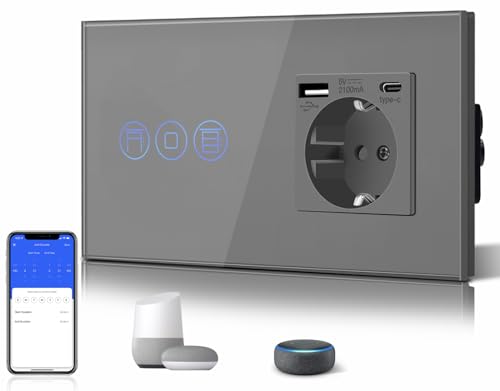 BSEED WiFi Smart Alexa Rollenschalter + 3 in 1 Steckdose mit 2.1 A USB Ladeleistung mit Type C Adapter，Google Home Tuya Kompatibel, Glas Jalousien Schalter (Neutralleiter Benötigt) Grau von BSEED