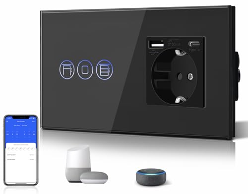 BSEED WiFi Smart Alexa Rollenschalter + 3 in 1 Steckdose mit 2.1 A USB Ladeleistung mit Type C Adapter，Google Home Tuya Kompatibel, Glas Jalousien Schalter (Neutralleiter Benötigt) Schwarz von BSEED