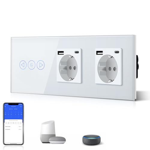 BSEED WiFi Smart Alexa Touch Dimmerschalter + Doppelt 3 in 1 Steckdose mit 2.1 A USB Ladeleistung + Type C Adapter，Google Home Tuya Kompatibel, Glas Touch Schalter (Neutralleiter Benötigt) Weiß von BSEED