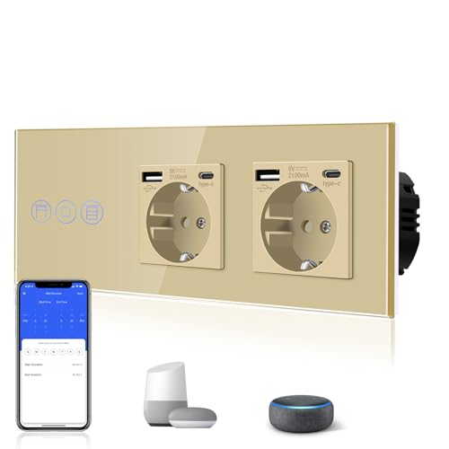 BSEED WiFi Smart Alexa Touch Rollenschalter + Doppelt 3 in 1 Steckdose mit 2.1 A USB Ladeleistung + Type C Adapter，Google Home Tuya Kompatibel, Glas Jalousien Schalter (Neutralleiter Benötigt) Gold von BSEED
