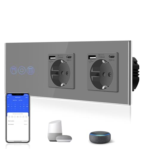 BSEED WiFi Smart Alexa Touch Rollenschalter + Doppelt 3 in 1 Steckdose mit 2.1 A USB Ladeleistung + Type C Adapter，Google Home Tuya Kompatibel, Glas Jalousien Schalter (Neutralleiter Benötigt) Grau von BSEED