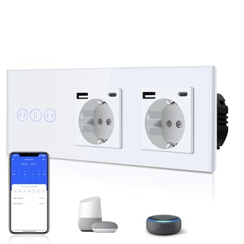 BSEED WiFi Smart Alexa Touch Vorhangschalter + Doppelt 3 in 1 Steckdose mit 2.1 A USB Ladeleistung + Type C Adapter，Google Home Tuya Kompatibel, Glas Jalousien Schalter (Neutralleiter Benötigt) Weiß von BSEED