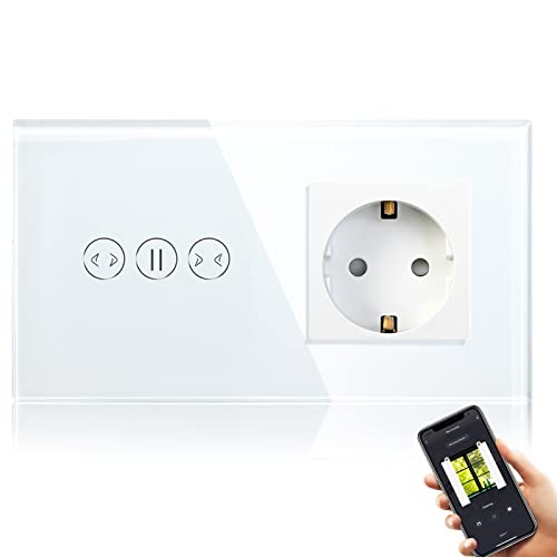 BSEED WiFi Smart Alexa Vorhang Schalter mit Steckdose, Kompatibel mit Google Home Tuya, Glas Touchscreen-schalter Wlan Jalousien Schalter (Neutrale Leitung Benötigt) Weiß von BSEED
