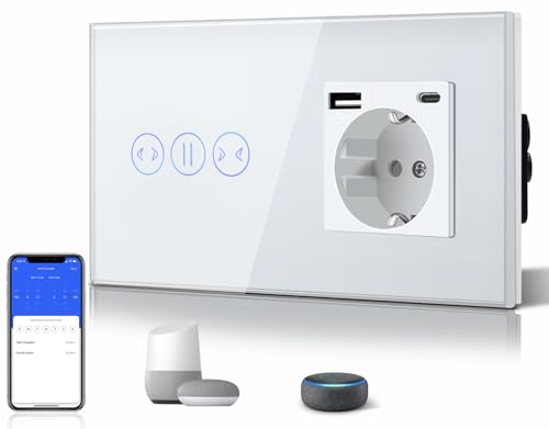 BSEED WiFi Smart Alexa Vorhangschalter + 3 in 1 Steckdose mit 2.1 A USB Ladeleistung mit Type C Adapter，Google Home Tuya Kompatibel, Glas Jalousien Schalter (Neutralleiter Benötigt) Weiß von BSEED