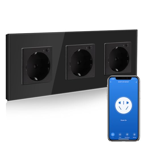 BSEED WiFi Smart Steckdose,arbeitet mit Amazon Alexa,Google Home,Timing-Funktion und APP-Steuerung,3 Fach Schuko Steckdose Schwarz,Unterputz Glas Intelligente Wandsteckdose-auf NUR 2.4 GHz Netzwerk von BSEED