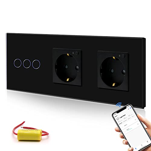 BSEED Wifi Smart Lichtschalter mit Steckdose,arbeitet mit Amazon Alexa and Google Home,tripel 3 Fach 1 Weg Glas Intelligente Wandschalter mit Steckdose 228mm Schwarz(kein Neutralleiter benötigt) von BSEED