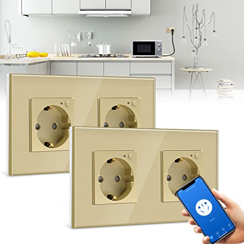 BSEED Wifi Smart Steckdose,arbeitet mit Amazon Alexa,Google Home,Timing-Funktion und APP-Steuerung,2 Fach Schuko Steckdose Gold,Unterputz Glas Intelligente Steckdose-auf NUR 2.4 GHz Netzwerk(2 Pack) von BSEED