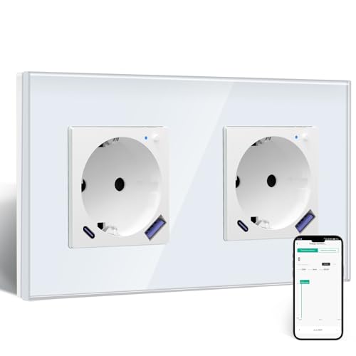 BSEED Wlan Schuko Steckdose mit USB C 20W Schnellladegerät,Smart Steckdose Unterputz mit Strommessung,Arbeit mit Alexa/Google Home,Stromzähler für Doppelsteckdose mit Smart Life App,2 Fach 157mm Weiß von BSEED