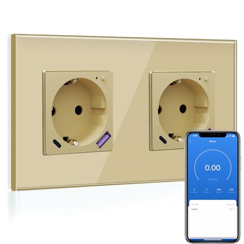 BSEED WLAN Schuko Steckdose mit USB C 20W Schnellladegerät,Smart Steckdose Unterputz mit Strommessung,Arbeit mit Alexa/Google Home,Stromzähler für Doppelsteckdose mit Smart Life App,2 Fach 157mm Gold BSEED WLAN Schuko Steckdose mit USB C 20W Schnellladegerät,Smart Steckdose Unterputz mit Strommessung,Arbeit mit Alexa/Google Home,Stromzähler für Doppelsteckdose mit Smart Life App,2 Fach 157mm Gold von BSEED