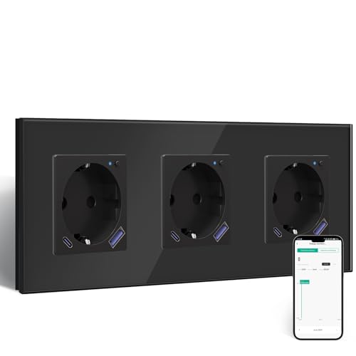 BSEED Wlan Schuko Steckdose mit USB C 20W Schnellladegerät,Smart Steckdose Unterputz mit Strommessung,Arbeit mit Alexa/Google Home,Stromzähler für Mehrfachsteckdose mit Smart Life App,3 Fach Schwarz von BSEED