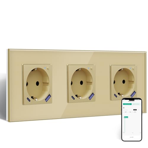 BSEED Wlan Schuko Steckdose mit USB C 20W Schnellladegerät,Smart Steckdose Unterputz mit Strommessung,Arbeit mit Alexa/Google Home,Stromzähler für Mehrfachsteckdose mit Smart Life App,3 Fach Gold von BSEED