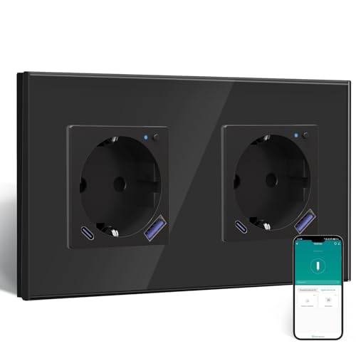 BSEED ZigBee Steckdose mit USB C 20W Schnellladegerät mit Verbrauchsmessung,WLAN Doppelsteckdose Unterputz für Alexa/Google Home,Smart Steckdose mit Strommessung 16A,2 Fach Schwarz(Gateway Hub Bedarf) von BSEED