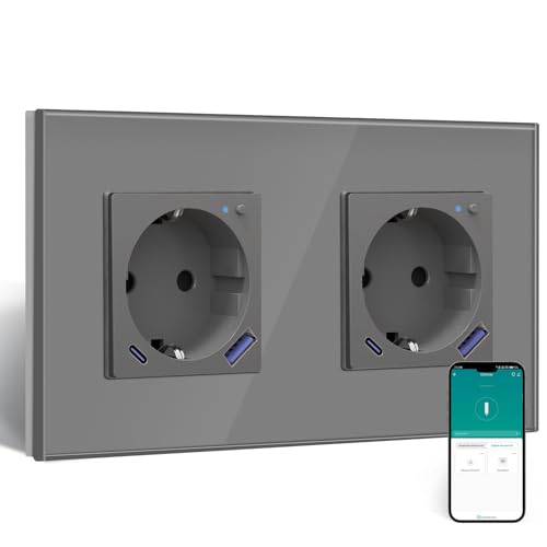 BSEED ZigBee Steckdose mit USB C 20W Schnellladegerät mit Verbrauchsmessung,WLAN Doppelsteckdose Unterputz für Alexa/Google Home,Smart Steckdose mit Strommessung 16A,2 Fach Grau(Gateway Hub Bedarf) von BSEED