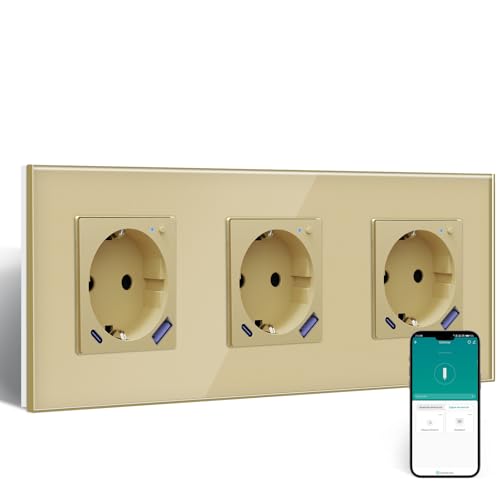 BSEED ZigBee Steckdose mit USB C 20W Schnellladegerät mit Verbrauchsmessung,WLAN Steckdose Unterputz für Alexa/Google Home,Smart Wandsteckdose mit Strommessung 16A,3 Fach Gold(Gateway Hub Bedarf) von BSEED
