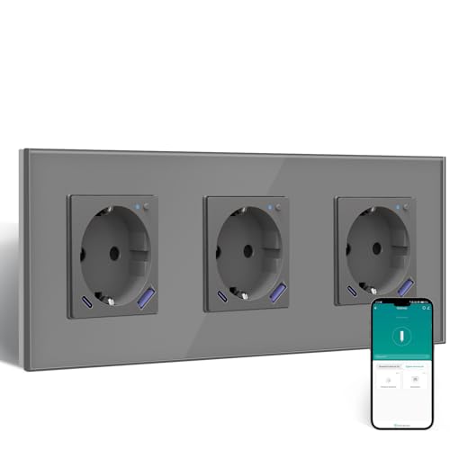 BSEED ZigBee Steckdose mit USB C 20W Schnellladegerät mit Verbrauchsmessung,WLAN Steckdose Unterputz für Alexa/Google Home,Smart Steckdose mit Strommessung 16A,3 Fach Grau(Gateway Hub Bedarf) von BSEED