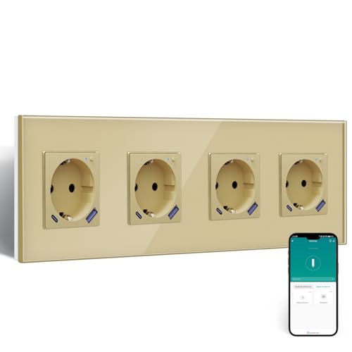 BSEED ZigBee Steckdose mit USB C 20W Schnellladegerät mit Verbrauchsmessung,WLAN Steckdose Unterputz für Alexa/Google Home,Smart Wandsteckdose mit Strommessung 16A,4 Fach Gold(Gateway Hub Bedarf) von BSEED