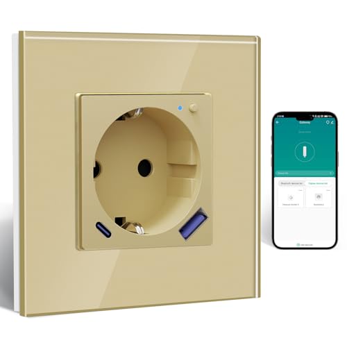 BSEED ZigBee Steckdose mit USB C 20W Schnellladegerät mit Verbrauchsmessung,WLAN Steckdose Unterputz für Alexa/Google Home,Smart Wandsteckdose mit Strommessung 16A,1 Fach Gold(Gateway Hub Bedarf) von BSEED