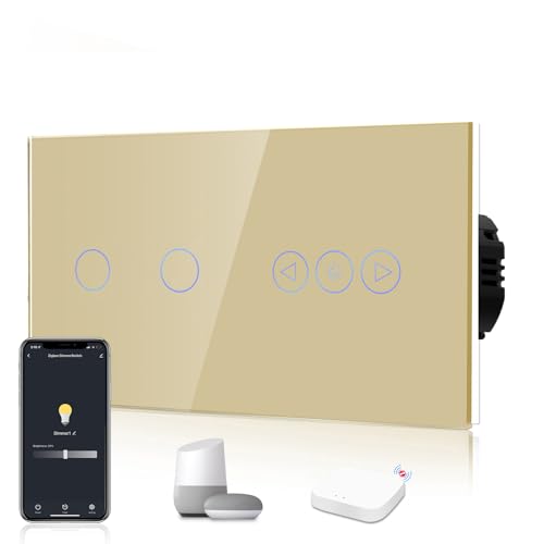 BSEED Zigbee Dimmer Schalter mit Smart Single Live ZigBee Lichtschalter 2 Fach 1 Weg Alexa WIFI Berührung Wandschalter Glasscheibe Schalter (ZigBee Hub Erforderlich) Gold von BSEED