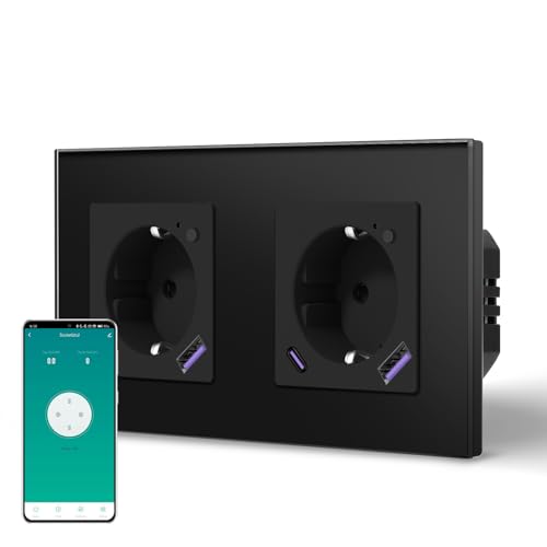 BSEED Zigbee Steckdose 20W USB C Schnellladen, Smart Unterputz Steckdose aus Glas mit Strommessung, Arbeit mit Alexa/Google Home, Smart Life APP-Steuerung, 2 Fach, Schwarz von BSEED