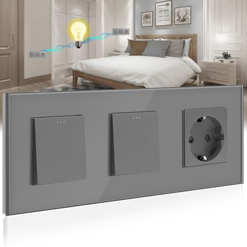 BSSED Doppel Lichtschalter mit Steckdose 1 Fach 2 Wege,10A Kristall Glas Platte Wandschalter mit 16A Schuko Steckdose Grau, Physische Taste Schalter mit Steckdose- 228mm von BSEED