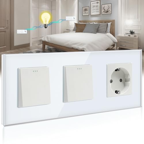 BSSED Doppel Lichtschalter mit Steckdose 1 Fach 2 Wege,10A Kristall Glas Platte Wandschalter mit 16A Schuko Steckdose Weiß, Physische Taste Schalter mit Steckdose- 228mm von BSEED