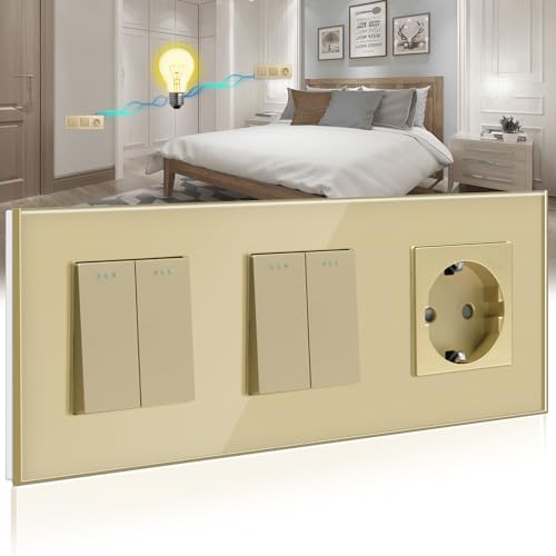 BSSED Doppel Lichtschalter mit Steckdose 2 Fach 2 Wege,10A Kristall Glas Platte Wandschalter mit 16A Schuko Steckdose Golden, Physische Taste Schalter mit Steckdose- 228mm von BSEED