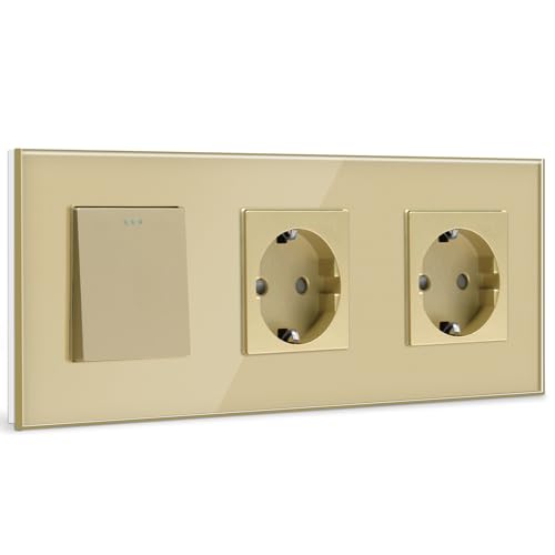 BSSED Lichtschalter mit Doppelt Steckdose 1 Fach 1 Weg,10A Kristall Glas Platte Wandschalter mit 16A Schuko Steckdose Gold, Physische Taste Schalter mit Steckdose 228mm von BSEED