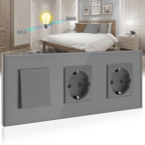 BSSED Lichtschalter mit Doppelt Steckdose 1 Fach 2 Wege,10A Kristall Glas Platte Wandschalter mit 16A Schuko Steckdose Grau, Physische Taste Schalter mit Steckdose- 228mm von BSEED