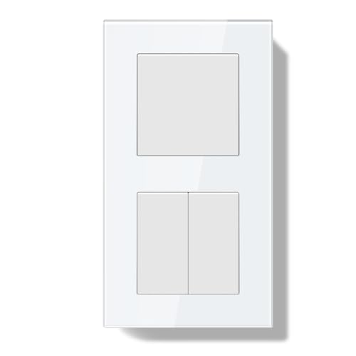 BSEEDLIFE Lichtschalter Unterputz 1 Fach 1 Weg+2 Fach 1 Weg，86 * 157mm Wippschalter mit Reset-Funktion，Doppelt Wandschalter mit Glasrahmen, Kabelklemmen & Krallen, Weiß von BSEEDLIFE
