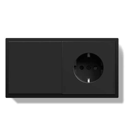 BSEED LIFE Lichtschalter mit Steckdose, 1 Fach 1 Weg Reset-Schalter Doppelt Wandschalter mit PC Rahmen, 80 * 150mm Unterputz Steckdose mit Rückstellschalter，Kabelklemmen & Krallen, Schwarz von BSEEDLIFE