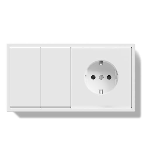 BSEED LIFE Lichtschalter mit Steckdose, 2 Fach 1 Weg Reset-Schalter Doppelt Wandschalter mit PC Rahmen, 80 * 150mm Unterputz Steckdose mit Rückstellschalter，Kabelklemmen & Krallen, Weiß von BSEEDLIFE