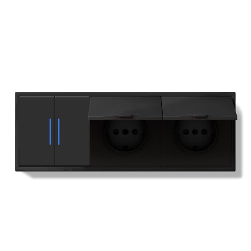 BSEEDLIFE Lichtschalter mit Steckdose, 2 Fach 1 Weg Schuko Steckdose mit Wasserdichter Abdeckung, LED Unterputz EU-Standard Einbausteckdose mit PC Rahmen, 220*80mm inzelsteckdose mit Krallen, Schwarz von BSEEDLIFE