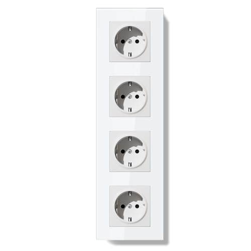 BSEED LIFE Schuko Steckdose Unterputz EU Standard, 86 * 299mm Wandsteckdose 16A mit Glasrahmen, Einfach Installation, Klappkrallen, Typ F Steckdose mit Erdung，4-Fach Weiß von BSEEDLIFE