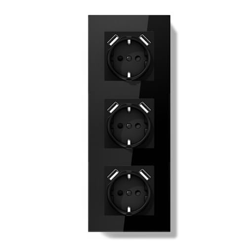 BSEED LIFE Schuko Steckdose mit USB-A Unterputz 86 * 228mm, 16A EU Steckdose mit Glasrahmen, 2 USB Typ F mit Erdung, Einfache Installation (Klappkrallen), 3-Fach Schwarz von BSEEDLIFE