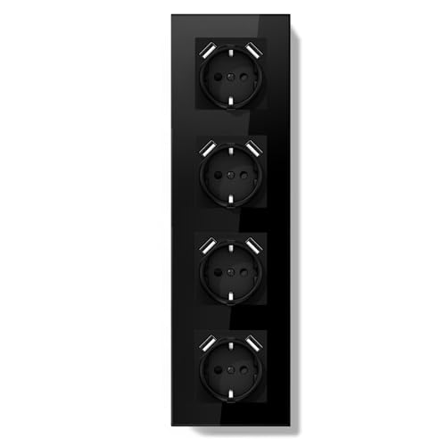 BSEED LIFE Schuko Steckdose mit USB-A Unterputz 86 * 299mm, 16A EU Steckdose mit Glasrahmen, 2 USB Typ F mit Erdung, Einfache Installation (Klappkrallen), 4-Fach Schwarz von BSEEDLIFE