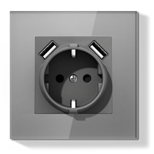 BSEED LIFE Schuko Steckdose mit USB-A Unterputz 86 * 86mm, 16A EU Steckdose mit Glasrahmen, 2 USB Typ F mit Erdung, Einfache Installation (Klappkrallen), 1-Fach Grau von BSEEDLIFE